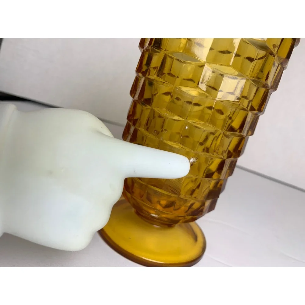 Vintage 70s Amber‎ Glass Footed Tumbler Geometric Cube Pattern Mid Century Retro